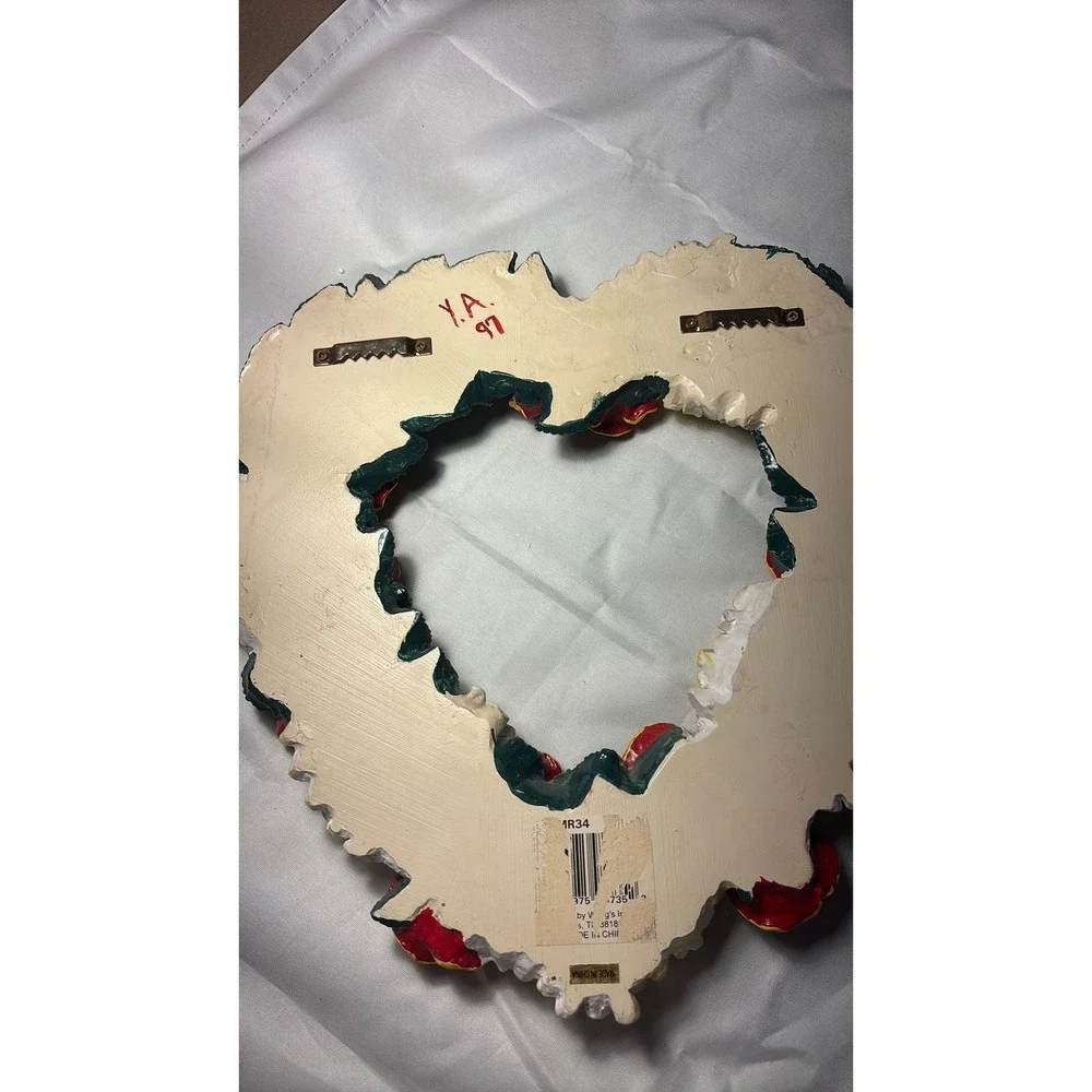 Vintage 1997 Wangs International Hand Painted Resin Floral Heart Wreath Red Rose